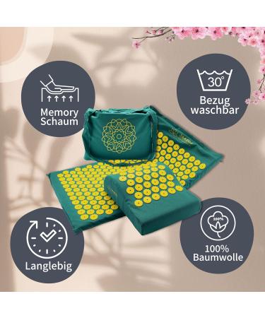 Acupressure Mat with Pillow for Beginners - Memory Foam Comfort 100% Cotton Cover - Battery Compound Green 68x42 cm - Ultimate Relaxation - Buy Online on GoSupps.com