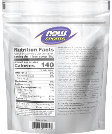 Buy NOW Foods Sports Organic Plant Protein Vanilla - Vegan Protein Powder 1 lb | International Shipping - Buy Online on GoSupps.com