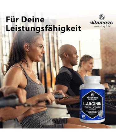 L-Arginine Capsules High Dose - 360 Count | Pre-Workout Supplement with B6 B12 Folic Acid Selenium & Piperine - Made in Germany | Pure & Natural Energy Boost - Buy Online on GoSupps.com