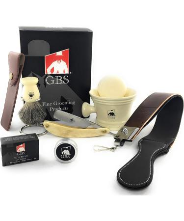 G.B.S Whetstone Knife Sharpening Stone 2 Sided and Shaving Set - Straight Razor Honing Strop Leather Case Ceramic Mug Shaving Brush - Ivory - Buy Online on GoSupps.com