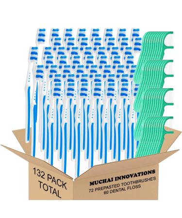 Prepasted Disposable Toothbrush Individually Wrapped Regular Size Head Soft Bristle Hygienic 72 & Oral Dental Floss Fresh Mint Toothpick 60 | Travel Camping Office School Supply Hotel Airbnb Gift Bundle
