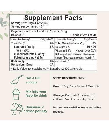 Sustainably Farmed Organic Sunflower Lecithin Powder 1lb - Cold Pressed, Rich in Phosphatidyl Choline & Protein - Ideal for Liposomal Vitamin C & Lactation - Non-GMO - Buy Online on GoSupps.com