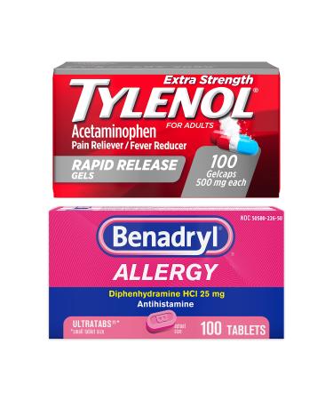 Benadryl Ultratabs Antihistamine Allergy Relief Tablets with 25 mg Diphenhydramine HCl 100 ct and Tylenol Extra Strength Pain Reliever Rapid Release Gels with 500 mg Acetaminophen 100 ct