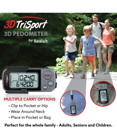 3DTriSport Walking 3D Pedometer with Clip and Strap + Free eBook | Step, Distance, Calorie Counter & More - Grey/Black - Buy Online on GoSupps.com