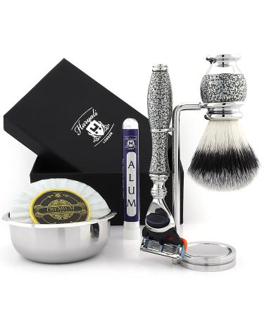 4 Pc Mens Shaving Kit 5 Edge Shaving Razor with Synthetic Badger Hair Brush Stand and Alum Perfect Set for Men