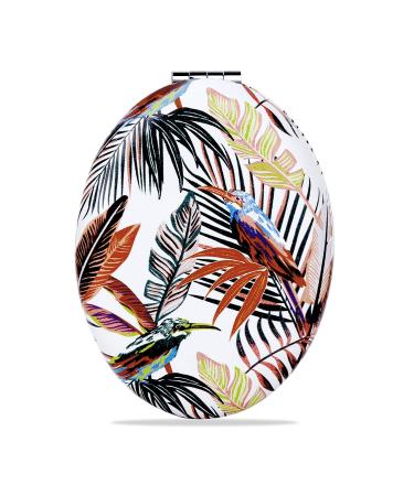 Elegant Compact Beauty Vanity Mirror for Girls Women Premium 1X/2X Magnifying Travel Makeup Mirrors Small Handheld Portable 2-Sided Folding Cosmetic Mirror Oval Leaves and Birds Pattern