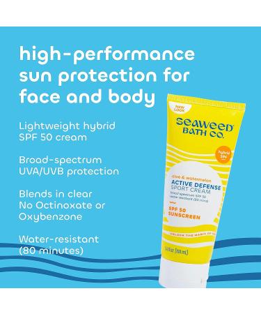 Seaweed Bath Co. Active Defense SPF 50 Sport Broad Spectrum Hybrid Sunscreen Cream - 3.4oz - Sustainably Harvested Seaweed, Aloe & Watermelon - Buy Online on GoSupps.com