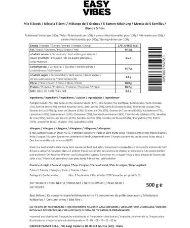 Easy Vibes - Mix of 5 Seeds (500g) | 5 Seeds (Squash Flax Chia Sunflower Sesame) | Ideal for bread salads or yogurts - Buy Online on GoSupps.com