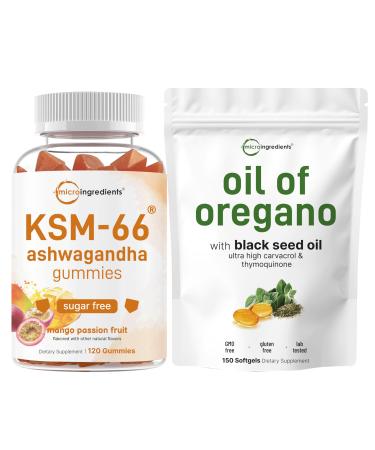 Micro Ingredients Oil of Oregano Softgels & KSM-66 Ashwagandha Gummies 300mg | 2 Pack Bundle | 4X Strength Thymoquinone & Carvacrol with Black Seed | Sugar Free Mango Passion Fruit Flavor