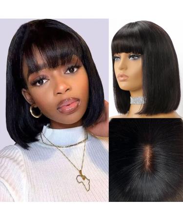LSYBEAUTY 10 Inch Short Black Bob Wig with Bangs Human Hair Yaki Straight Bang Bob Wig Glueless Minimalist 2x1 Lace Scalp Bob Bang Wig For Women 100% Brazilian Human Virgin Hair Wigs 180 Density