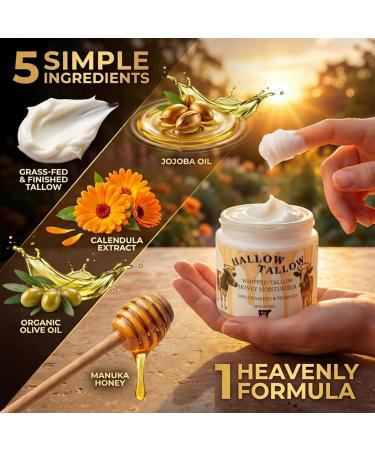 Hallow Tallow Whipped Beef Tallow Moisturizer 100% Grass-Fed & Finished Tallow Balm with Manuka Honey Jojoba & Olive Oil Calendula Extract Natural Hydrating Face & Body Cream 4oz - Buy Online on GoSupps.com