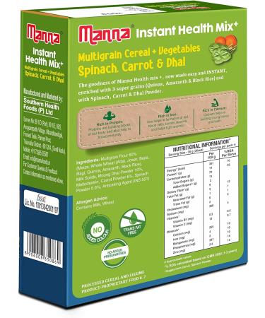 Manna Health Mix Instant 200g Spinach Carrot Dal with Milk Travel Friendly (Mix with Water/Milk and Serve) - Buy Online on GoSupps.com