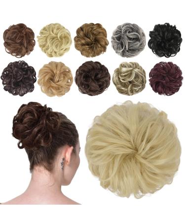 FESHFEN Messy Bun Hair Piece Hair Bun Scrunchies Synthetic Wavy Curly Chignon Ponytail Hair Extensions Thick Updo Hairpieces for Women Girls Kids 1PCS Light Bleach Blonde 38 g (Pack of 1) 613# Light Bleach Blonde