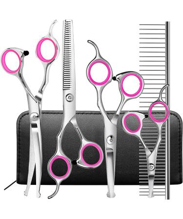 Round Tip Dog Grooming Scissors Kit - Titanium Coated Stainless Steel Set for Small Pet Cat Dog - Thinning/Straight/Curved Shears with Comb and Case in Pink - Buy Online on GoSupps.com