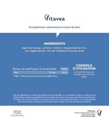 Zinc Bisglycinate 700 tablets - Acne Skin Hair Immunity - Contains 46 mg of Zinc Bisglycinate (including 15mg Zinc Element) - Without Digestive Discomfort - Vegan - Made in France - Vitavea - Buy Online on GoSupps.com