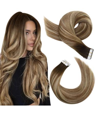 Moresoo Tape in Hair Extensions Human Hair Brown Tape in Extensions Dark Brown to Medium Brown with Platinum Blonde Human Hair Extensions Tape in Real Hair 18 Inch 20 Pieces/50g #4/6/613 18 Inch #4/6/613