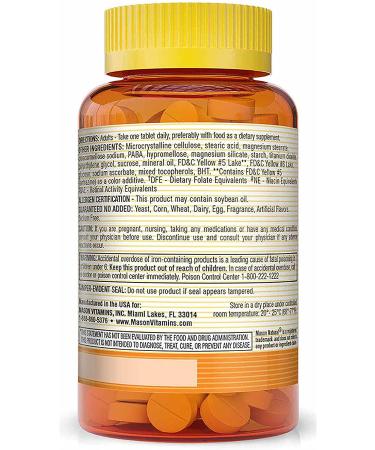 MASON NATURAL Daily Multiple Vitamins with Iron 100 Tablets - Vitamins A C D E B1 B2 B3 B6 B12 Folate, Calcium for Overall Health - Buy Online on GoSupps.com