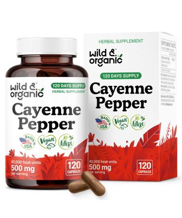 Wild & Organic Cayenne Pepper Capsules 500 mg - Digestive Support - Pure Cayenne Pepper Extract - Capsaicin Supplements - Vegan No Fillers Non-GMO - 120 Count 120 Count (Pack of 1)