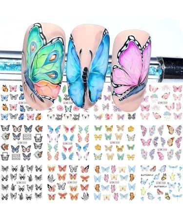 Butterfly Nail Art Stcikers Spring Summer Water Transfer Nail stcikers Decal for Acrylic Nail Balck Pink Purple Colorful Butterfly Flower Nail Deisgn for Women Nail Art Supplies Manicure Decor 12sheets