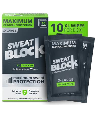 SweatBlock Maximum Strength Antiperspirant Sweat Wipes - For Excessive Sweat Protection - Extra Large - Up to 7 day protection per use - 10 Count - Unisex
