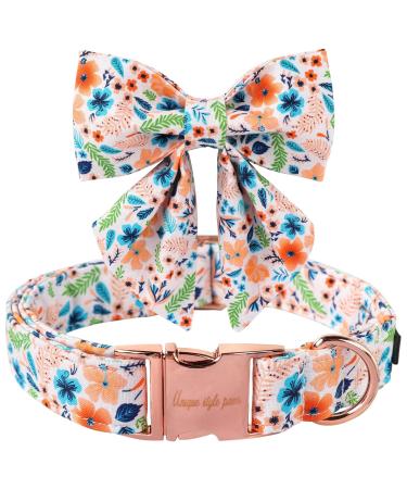 Unique Style Paws Dog Halison Peach Flower Dog Halison Adjustable Comfortable Cotton Fly Collar for young girls Dogs BowTie collar with metal buckle S neck 10-16in S B: Peach flowers