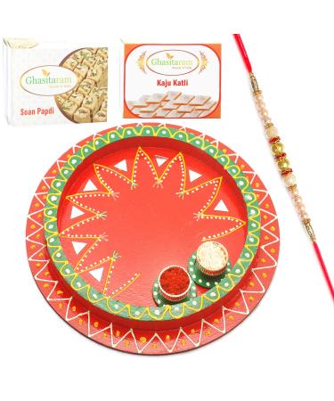 Ghasitaram Gifts Rakhi Gifts for Brothers Rakhi Pooja Thalis- Reflection of Love with Pearl Rakhi with 200 GMS of Kaju katli and 200 GMS of Soan Papdi Thali Rakhi with 200g of Kaju katli Soan Papdi