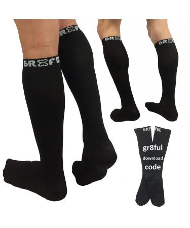 gr8ful Compression Socks for Men & Women | Fab for Running Calf Injury Shin Splints Achilles Tendonitis Travel & Pregnancy | Reduce Swelling + Pain Aid Recovery. Black 15-20mmhg 1 Pair L/XL 1 Pair - L/XL