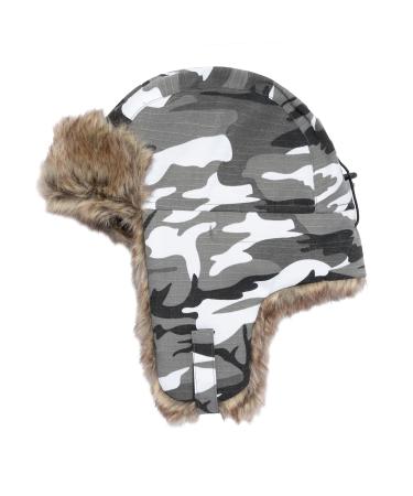 IGLOOSBUILT Boy's Camo Twill Trapper Hat with Faux Fur - Outdoor Hat for Cold Weather White Camo Small-Medium