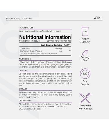 L-Theanine 400mg with BioPerine | Highly Bioavailable | Non GMO, Gluten Free, Halal | 120 Vegan Capsules - Buy Online on GoSupps.com