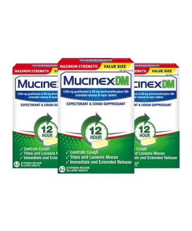 Cough Suppressant and Expectorant Mucinex DM Maximum Strength 12 Hour Tablets 42ct 1200 mg Guaifenesin Relieves Chest Congestion Quiets Wet and Dry Cough (Pack of 3)