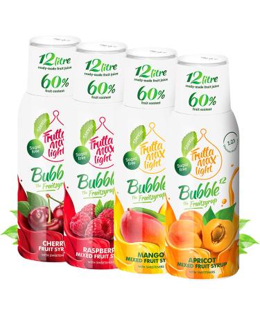 4 x 500ml LIGHT Cherry - Apricot - Raspberry - Mango Fitness Syrup from Frutta Max with 60% fruit content | Sugar-free | with Stevia