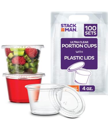 100 Sets - 2 oz. Small Plastic Condiment Containers with Lids, Jello Shot Cups, Portion Cups with Lids, 2oz Dipping Sauce Cup, Salad Dressing Container, Disposable Mini Plastic Souffle Cups Ramekins Clear 2 ounces