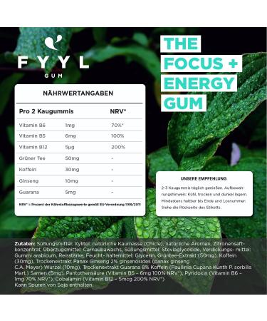 Fyyl Gum - Concentration & Energy Chewing Gum (50 Pieces) | Berry Mint Flavor | Sugar-Free with Guarana Ginseng & Vitamin B12 - Buy Online on GoSupps.com