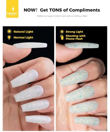 BURANO Holographic Gel Polish - Reflective White Silver Glitter UV LED Nail Polish 7.3ml for Home DIY - Curing Required (YH11 - Buy Online on GoSupps.com