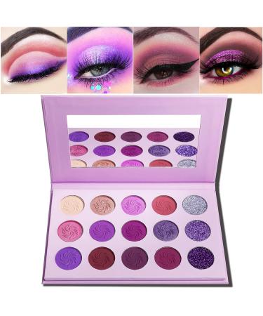 Purple Eyeshadow Palette Highly Pigmented Matte Glitter Eyeshadow 15 Shades Colorful Metallic Glitter Matte Eye Shadow Palette Long Lasting Waterproof Matte Glitter Eyeshadow Makeup Palette for Women