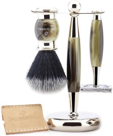 Jag Men's Shaving Set | Double Edge Safety Razor Synthetic Hair Brush Stand & Leather Case - Premium Grooming Essentials - Buy Online on GoSupps.com