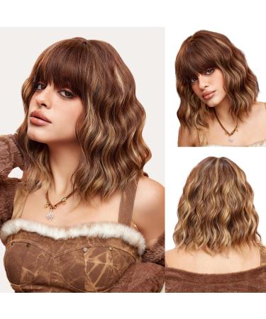 OUFEI Brown Mixed Blonde Wigs for Women Short Wavy Wig With Bangs Natural Synthetic Hair Heat Resistant Wigs for Daily Party Cosplay Wear