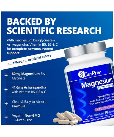 CanPrev Magnesium Bisglycinate with Ashwagandha B5 B6 & Vitamin C 90 Veg Caps 30-Day Supply Support Restful Nights & Relaxation Helps Energy & Immnue Function Vegan Non-GMO Dairy Soy Gluten - Buy Online on GoSupps.com