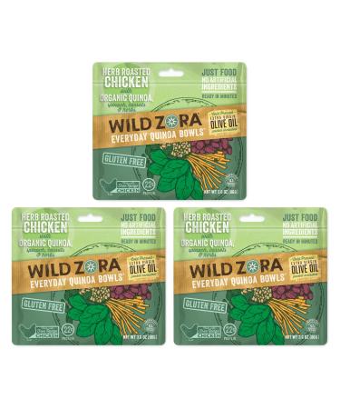 Wild Zora Organic Quinoa Bowls - Quick Prepared Meals Instant Tasty Bowls Pantry Staples Gluten-Free Meal with Lentils Plus 10g Olive Oil Packet - Herb Roasted Chicken (3-Pack)
