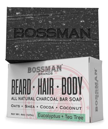 Bossman Men’s Bar Soap 4-in-1 – Natural Organic Beard Wash, Shampoo, Body Wash, Shaving and Bath Soap - Essential Beard Care (4oz), Scent- Eucalyptus and Tea Tree (1) Eucalyptus and Tea Tree Pack of 1