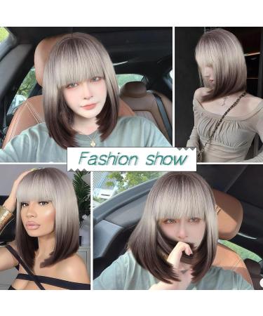 FAELBATY Short Bob Wig 14 Brown Blonde Ombre with Air Bangs | Shoulder Length Synthetic Cosplay Wig for Women - Dark Roots Gray Natural Hair | STR10B/89 - Buy Online on GoSupps.com