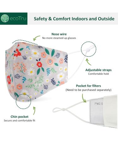 Ecotru 5 Pack 100% Cotton Reusable Face Masks with Nose Wire | Washable & Adjustable | 3-Ply Fabric, Filter Pocket | Floral Design | UK - Buy Online on GoSupps.com