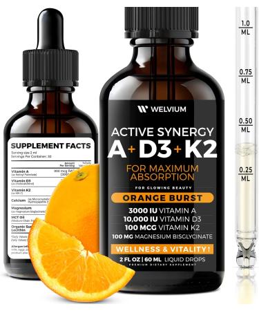 WELVIUM Liquid Vitamin D3 K2 Magnesium Liposomal Drops with 10000 IU Cholecalciferol MK7 Vitamin A Calcium MCT Oil Organic Sunflower Lecithin for Immune Bone Skin ADK Supplement - 2 Pack - Buy Online on GoSupps.com