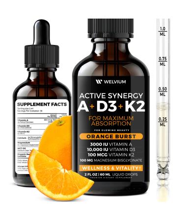 WELVIUM Liquid Vitamin D3 K2 Magnesium Liposomal Drops with 10000 IU Cholecalciferol MK7 Vitamin A Calcium MCT Oil Organic Sunflower Lecithin for Immune Bone Skin ADK Supplement