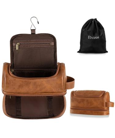 Elviros Toiletry Bag Mens Leather Travel Organizer Kit with hanging hook Large Water-resistant Toiletries Bathroom Shaving Bags for Women (Brown) Brown Large (Pack of 1)