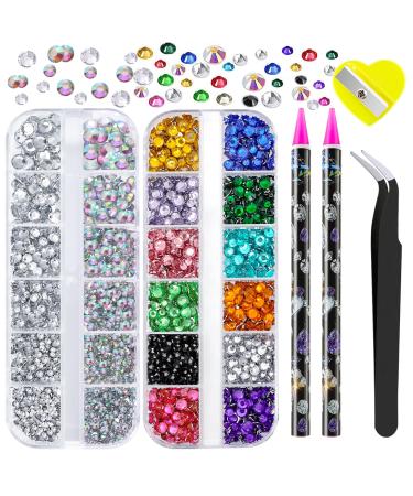 Canvalite Nail Rhinestones 2 Boxes Flatback Nail Gems 6 Sizes nail charms rhinestones for nails craft makeup with Rhinestones Picker and Tweezers for nail art decorations (AB & Clear & Mix Color)
