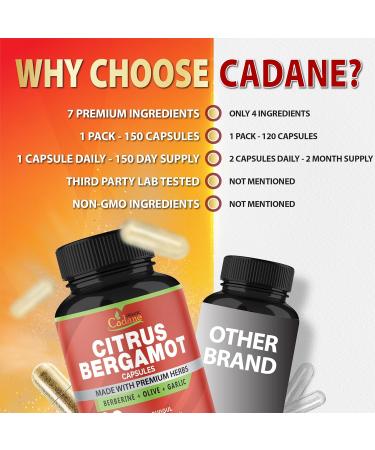 Cadane Citrus Bergamot Supplement Capsules with Berberine Olive Guggul Garlic Pine Bark Black Pepper - 150 Caps for 5 Months Supply - Buy Online on GoSupps.com