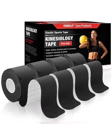 EVERLIT 4-Pack Pre-Cut Elastic Cotton Kinesiology Therapeutic Athletic Sports Tape, for Pain Relief and Support, 80 Precut 10 Strips (Black)