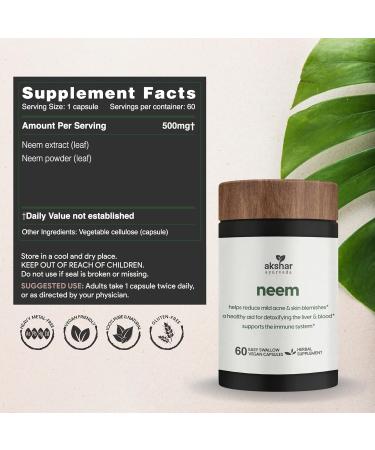 AKSHAR Ayurveda - Neem Capsules with Neem Extract and Neem Leaf Powder - Herbal Neem Supplement to Support Clear Skin Health and Detox - Vegan Cruelty-Free Neem Leaf Capsules (60 Count) - Buy Online on GoSupps.com