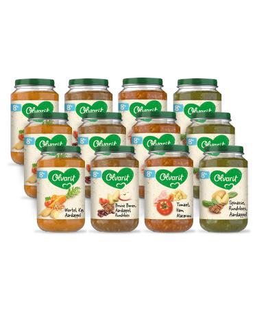 Olvarit Variation menu Meal baby snack for babies from 8+ months 4 different flavors of baby food 12 meal jars of 200 grams Meal menu version 1